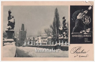 PRAHA, Karlův most (Reklamní pohlednice firmy Svoboda a Hinais, uhlí, koks, antracit)