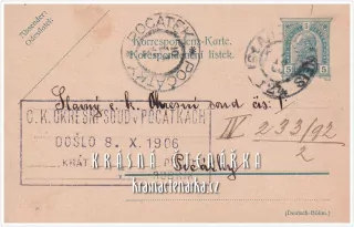 KORESPONDENČNÍ LÍSTEK, Zpráva okresnímu soudu v Počátkách, razítko JIHLAVA / POČÁTEK