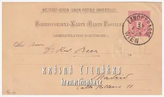 KORESPONDENČNÍ LÍSTEK pro pana Beera z roku 1887, razítko WIEN LANDSTRASSE