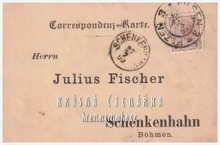 KORESPONDENČNÍ LÍSTEK pro pana Fischera z Tesařova z roku 1899, razítko PLZEŇ