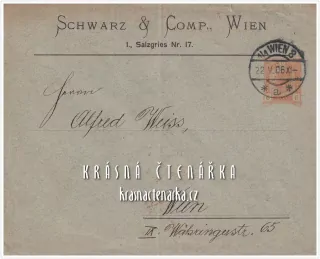 Obchodní OBÁLKA či DOPISNICE z roku 1906 s vytištěnou známkou, razítko WIEN