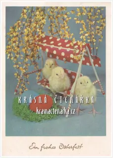 Přání VELIKONOČNÍ a kuřátka na houpačce