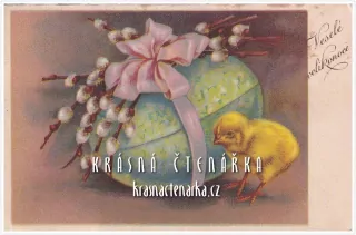 Přání VELIKONOČNÍ a kuřátko s obrovským vejcem