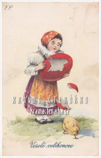 Přání VELIKONOČNÍ a děvčátko s rozbitým vajíčkem