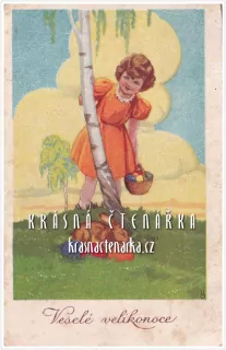 Přání VELIKONOČNÍ a děvčátko s košíkem