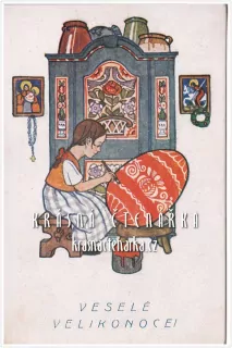 Přání VELIKONOČNÍ s dívenkou, která maluje vejce (il. Zdeněk Guth)
