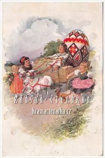 Přání VELIKONOČNÍ a děti vezoucí velk vejce (il. Brunner Antonín)