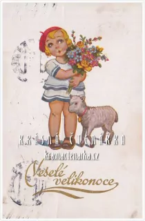 Přání VELIKONOČNÍ a dívenka s kytkou