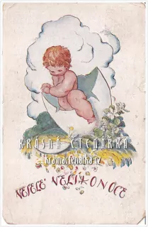 Přání VELIKONOČNÍ a batole lezoucí z vejce