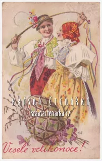 Přání VELIKONOČNÍ a koledníci v krojích (il. Šimůnek Karel)