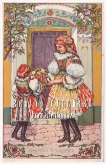 Přání VELIKONOČNÍ a dámy v krojích (il. Kratochvíl L.)