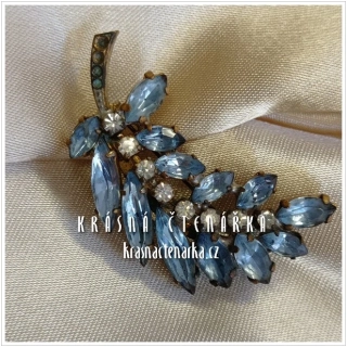 Bižuterní BROŽ modrý štrasový lístek, cca 1940