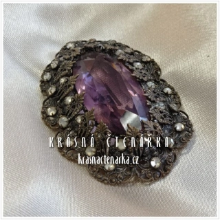 Bižuterní BROŽ oválná, fialová, cca 1920