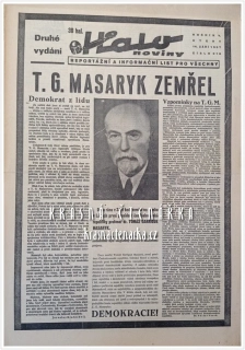 HALO NOVINY, Reportážní a informační list pro všechny  1937/216 (Úmrtí T. G. Masaryka)
