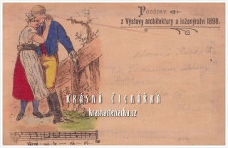 Reklamní dřevěná pohlednice: VÝSTAVA ARCHITEKTURY A INŽENÝRSTVÍ 1898