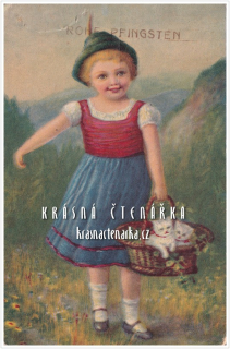 Přání k svatodušním svátkům LETNICE a děvče s kočkami