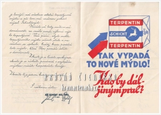 Reklamní dopis Schichtovy závody: TERPENTIN SCHICHT