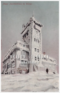 Hora JEŠTĚD a horský hotel v zimě (vydáno 1907)