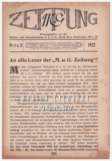 M u G ZEITUNG, Marken- und Ganzsachenhaus, G.m.b.H., Berlin, 1922/11-12