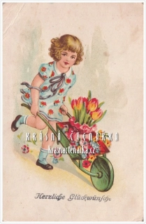 DÍVENKA s kolečkem a tulipány