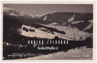 KRKONOŠE, Pohled na Sněžku a Studničnou, vydáno 1931