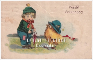 VELIKONOČNÍ pohlednice s hošíkem a kuřátkem