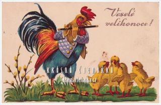 VELIKONOČNÍ pohlednice, kohoutek a kuřátka