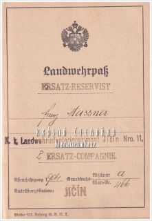LANDWEHRPASS PRO ERSATZ-RESERVIST Franz Meissner | k. k. Landwehrinfanterieregiment Jičín | Originální vojenský doklad rakousko-uherské zeměbrany