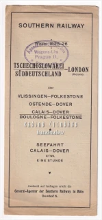 SOUTHERN RAILWAY – TSCHECHOSLOWAKEI–LONDON (VICTORIA) ÜBER SÜDDEUTSCHLAND | Dobový informační leták a jízdní řád britské železniční společnosti Southern Railway pro zimní sezonu 1925–1926, spojení z Československa a jižního Německa do Londýna